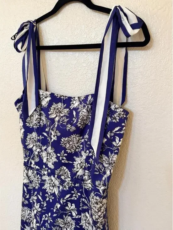 New Alice and Olivia Maryann Floral Tie Shoulder Dress Indigo Multi Sz 10 $440 - Picture 7 of 14